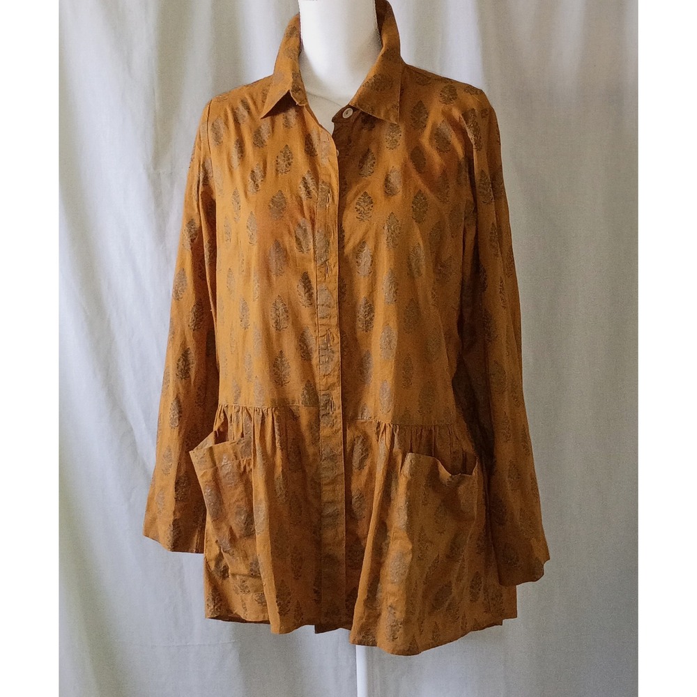 Catalog Classics Mustard Peplum Blouse Medium India Block Print Grandmillennial